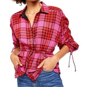 Free People Red Pink Plaid Blouse